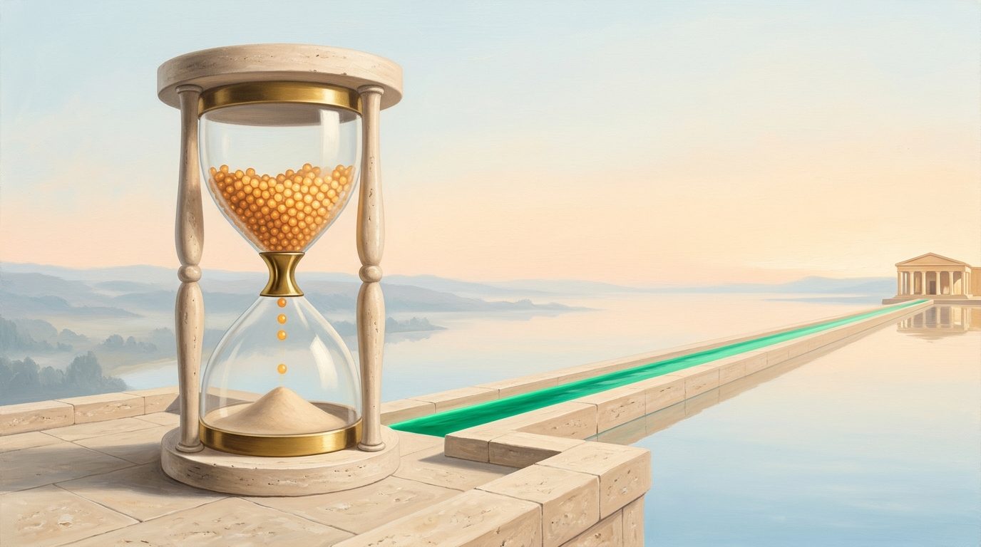 The Hourglass Bottleneck & Emerald Aqueduct of Equilibrium — Monumental travertine and brass hourglass metering golden spheres into a glowing emerald aqueduct toward a sunlit dawn portico — Cold Email for B2B & AI SaaS: How to Verify Apollo & Clay Leads Under 2% Bounce Rate