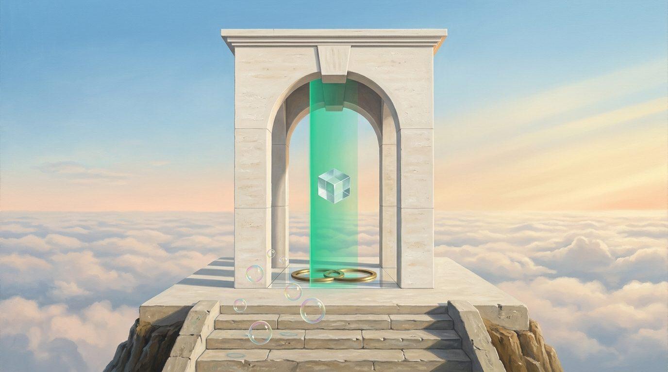 The Dual-Keystone Portico & Quartz Threshold — White travertine clifftop portico with an optical quartz threshold projecting an emerald verification plane that admits a pure crystal cube while soap bubbles dissolve on the outer steps The Dual-Keystone Portico & Quartz Threshold — White travertine clifftop portico with an optical quartz threshold projecting an emerald verification plane that admits a pure crystal cube while soap bubbles dissolve on the outer steps — How to Block Disposable Emails in Supabase, Clerk & Next.js Auth (Stop Free Trial Abuse)