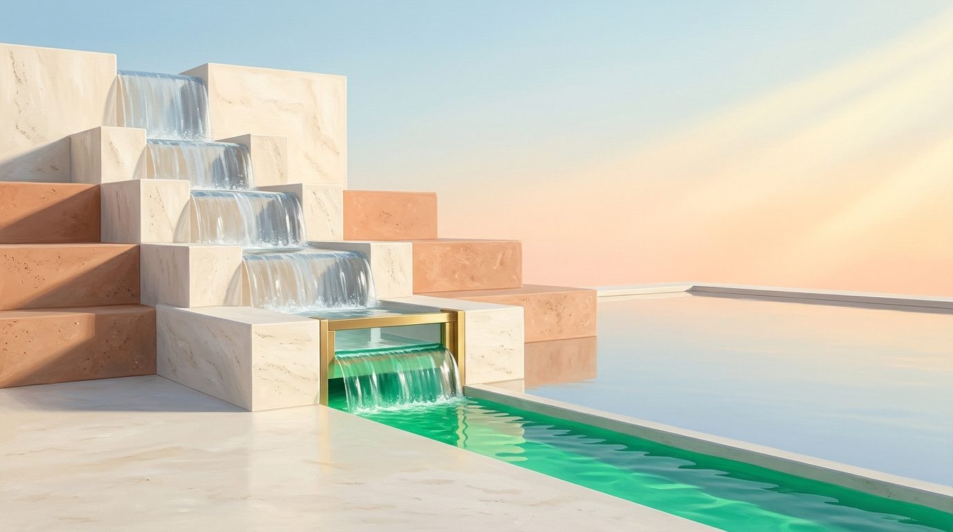 The Stepped Waterfall & Brass Crystal Sluice — Four-tier travertine and terracotta cascading waterfall passing through a calibrated satin-brass and optical crystal filter gate into a glowing emerald canal The Stepped Waterfall & Brass Crystal Sluice — Four-tier travertine and terracotta cascading waterfall passing through a calibrated satin-brass and optical crystal filter gate into a glowing emerald canal — How to Verify Emails in Clay Using HTTP API: Save 80% on Waterfall Enrichment Credits