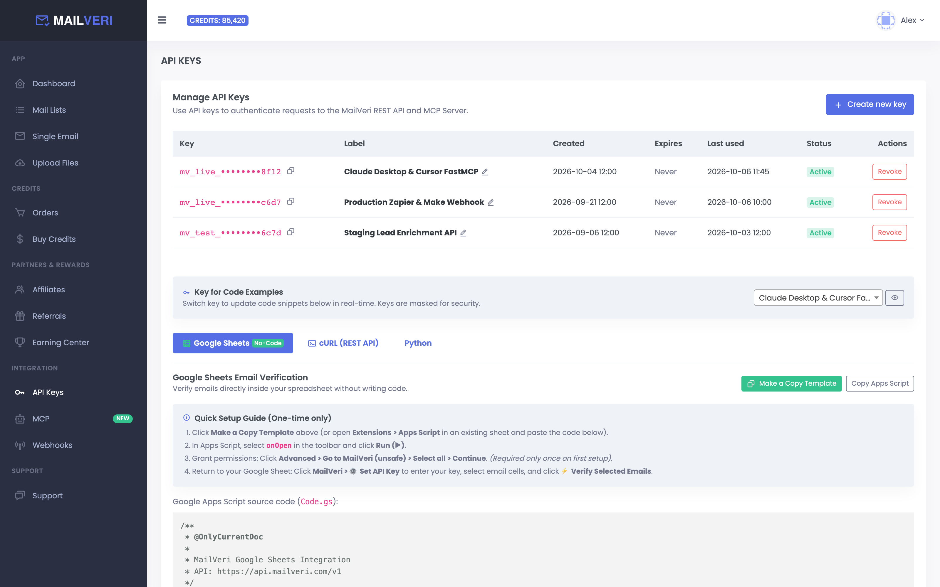 MailVeri Developer Hub showing API keys management, FastMCP server configuration, and Google Sheets integration