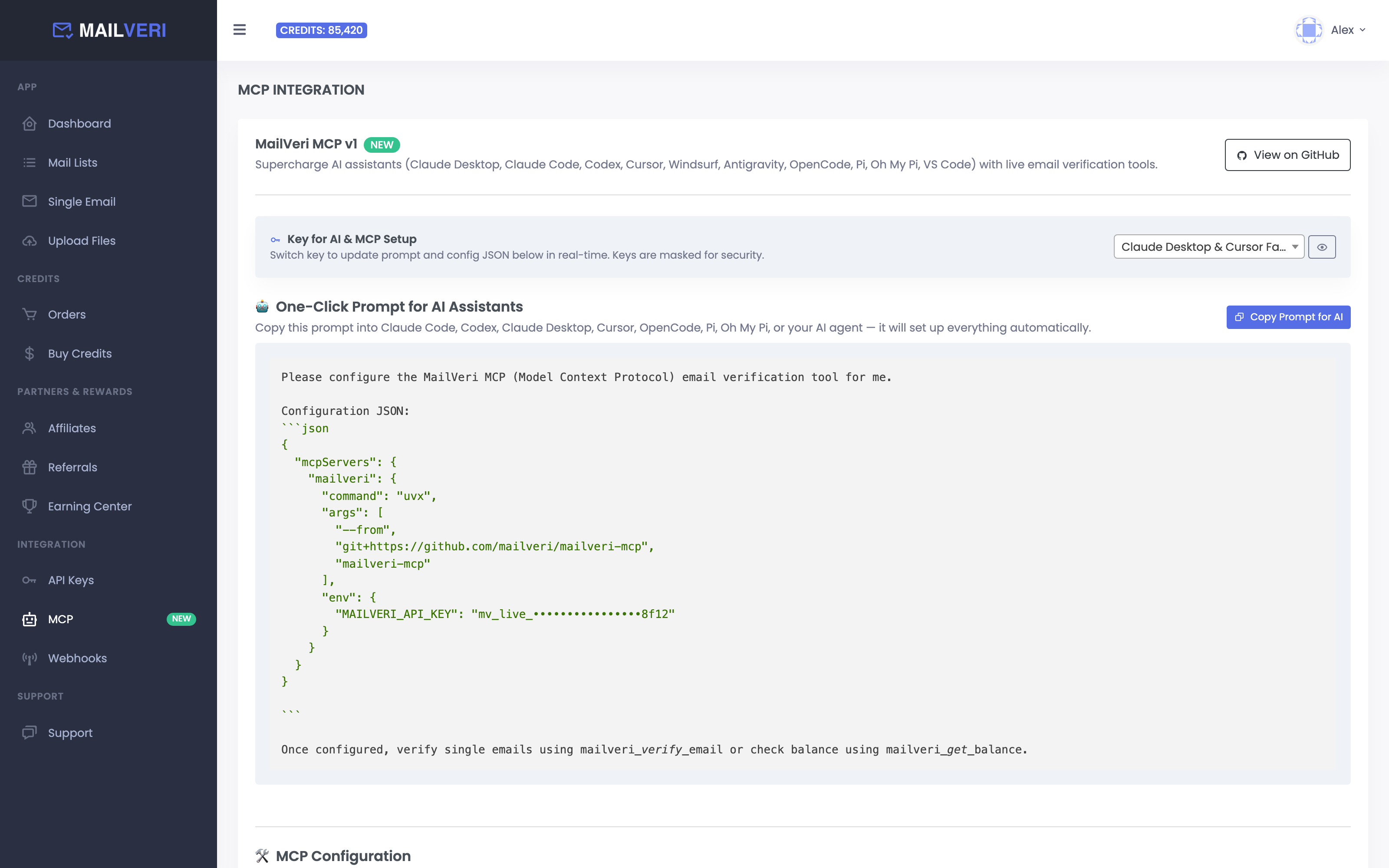 MailVeri MCP Server Integration showing 1-click prompt and JSON config for Claude Desktop, Cursor, and AI agents