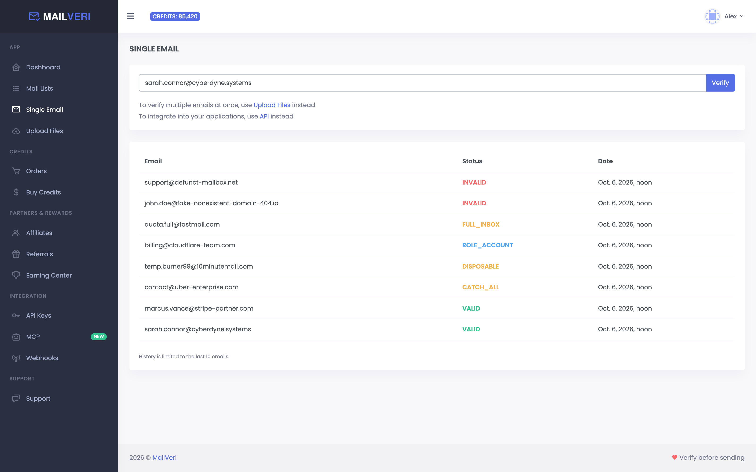MailVeri Single Email Verifier inspecting an email address with granular 8-point deliverability checklist
